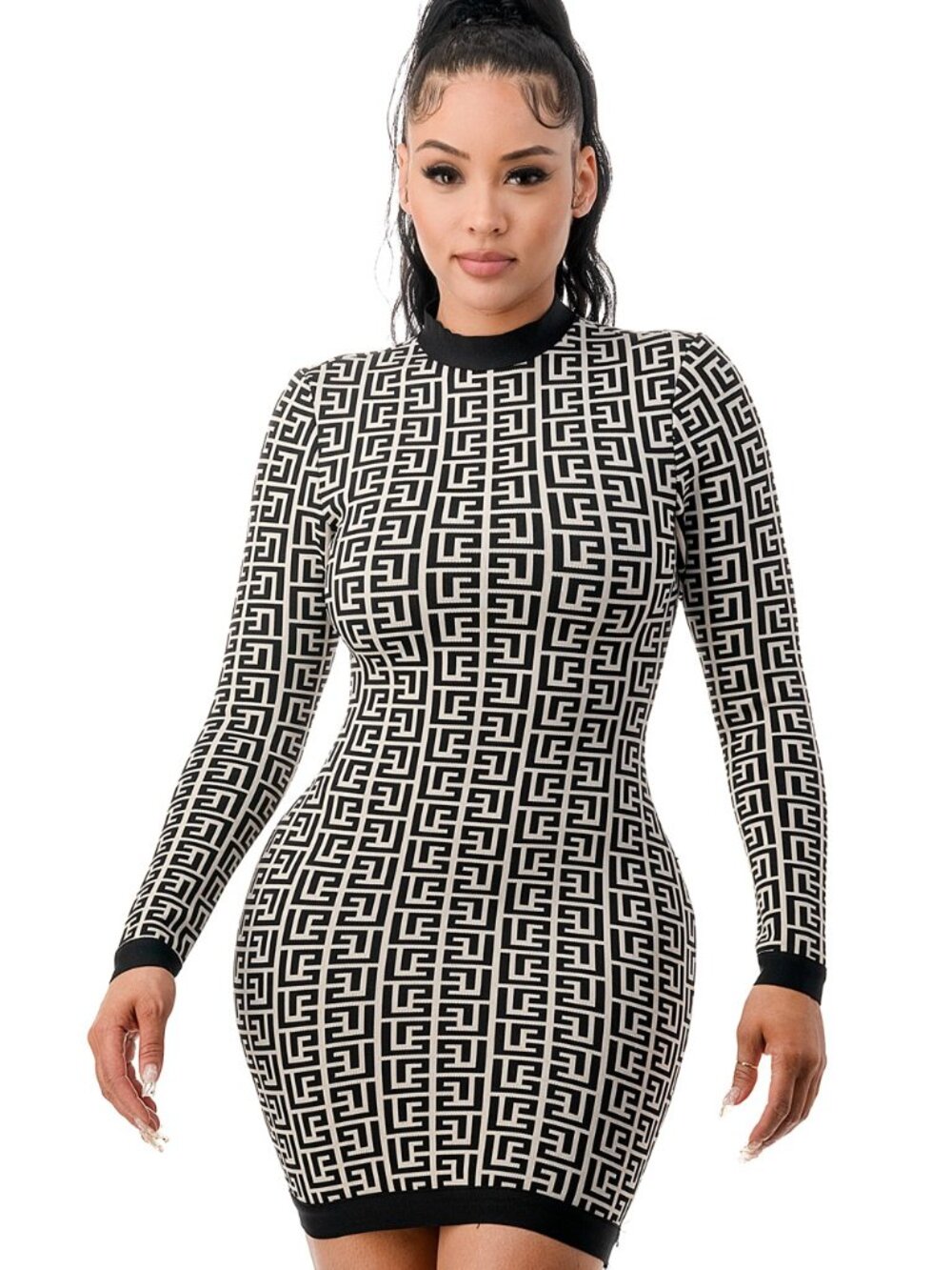Women's Geometric Print Bodycon Mini Dress – Long Sleeve Mock Neck